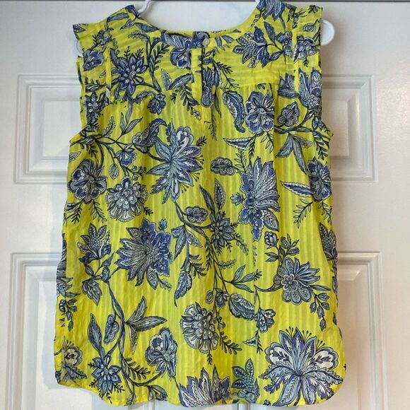 Loft Yellow with Blue Flowers Ruffle Sleeve Top Size Small - Picture 1 of 10